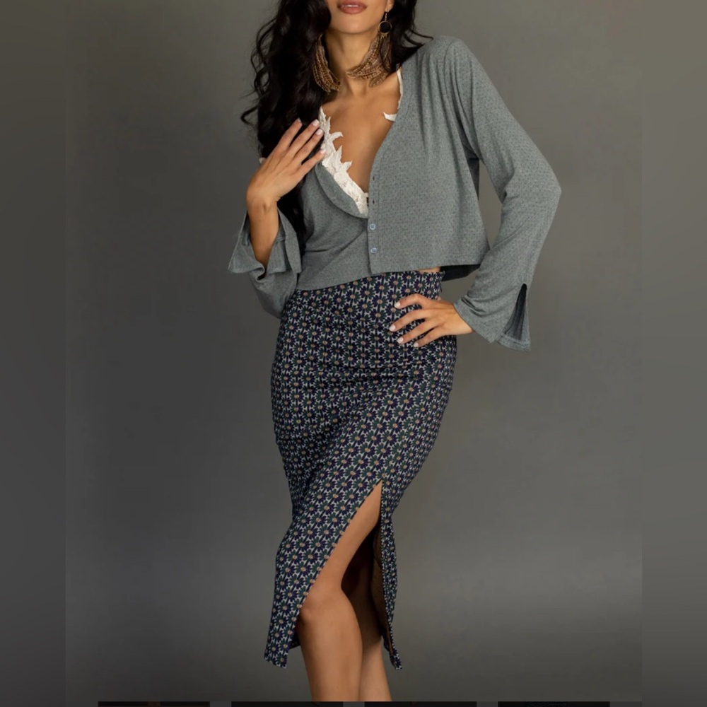 *New* 2 PC Joyfolie Fable Set Dusty Teal Sunflower Midi Skirt, Grey Top